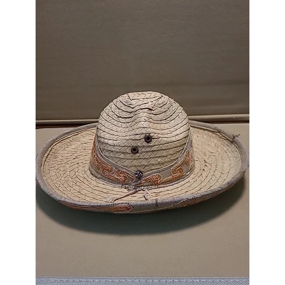 Vintage Straw Hat Woven With Design Embroidered Orange‎ Yellow Small 7" Opening - Picture 4 of 16